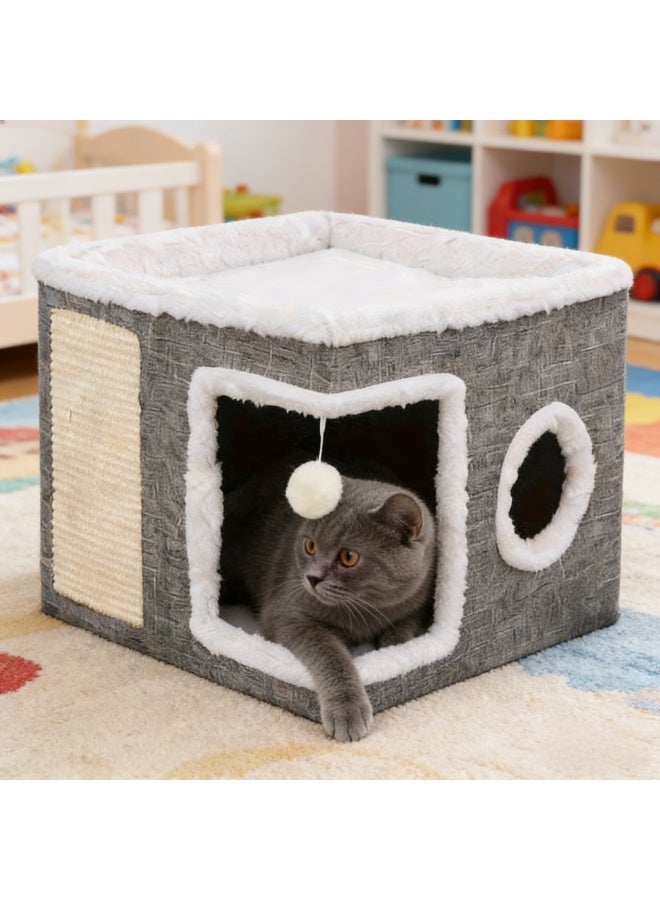 Foldable Cat House Cave Bed with Scratching Board, Plush Ball and Double-Sided Cushion, Indoor Warm Cat Condo for Small Pets - Image 2